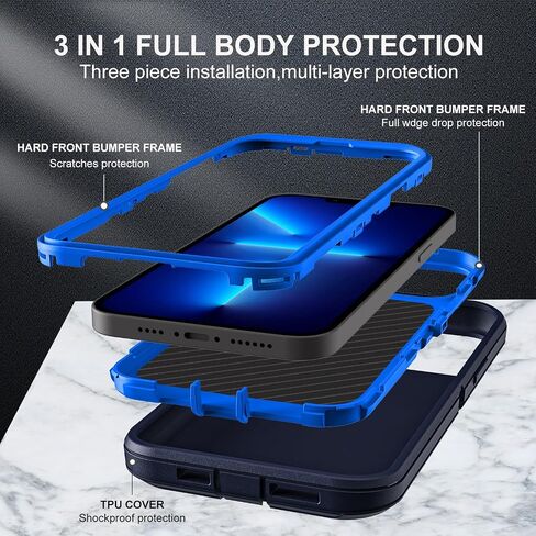 حافظة لهاتف iPhone 13 Pro، حافظة متينة من الدرجة العسكرية 3 في 1 مقاومة للصدمات/السقوط/الغبار مع قطعتين من واقي الشاشة الزجاجي المقوى (أسود/رمادي) in Saudi Arabia