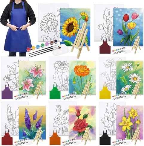 VOCHIC 8 Pack Pre Drawn Canvas for Painting for Adults Sip and Paint Party Supplies Favor Stretched Outline Canvas Acrylic Paint Art Set with Aprons, Easels, Paints, Brushes, Pallet, Image(8x10) in Saudi Arabia