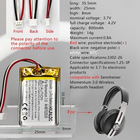 DC 3.7V 800mAh AHB702535PCT-01 Rechargeable Polymer Lithium Battery for Sennheiser Momentum 3.0 M3AEBT M3IETW Wireless Noise Cancelling Headphones Battery Replacement in Saudi Arabia