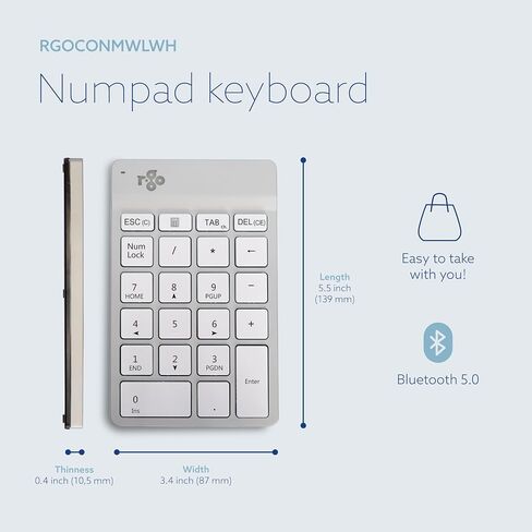 R-Go Number Pad Keyboard, Bluetooth Mini Numeric Keypad with LED Break Indicator, for Financial Accounting, Data Entry & Excel Spreadsheets, Rechargeble Wireless, White in Saudi Arabia