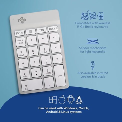 R-Go Number Pad Keyboard, Bluetooth Mini Numeric Keypad with LED Break Indicator, for Financial Accounting, Data Entry & Excel Spreadsheets, Rechargeble Wireless, White in Saudi Arabia