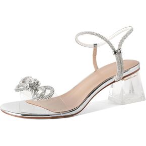 YODEKS Sparkly Rhinestone Bow Heels Women Clear Heels Sandals 2 Inch Low Heels Adjustable Ankle Strap Wedding Bridal Party Shoes