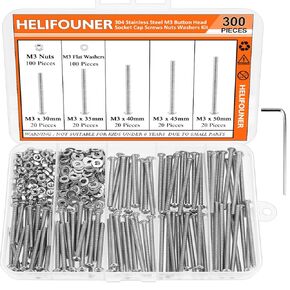 HELIFOUNER 550 Pieces M3 x 6mm /8mm /10mm /12mm /16mm /20mm /25mm, Button Head Socket Cap Screws Bolts Washers Nuts Kit, 304 Stainless Steel