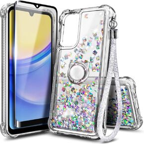 NZND Designed for Galaxy A15 Case, Samsung A15 4G/A15 5G Phone Case, Glitter Floating Liquid Waterfall Cute Case with Tempered Glass Screen Protector, Ring Holder/Wrist Strap (Aqua/Purple)