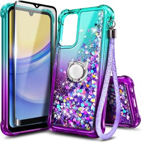 NZND Designed for Galaxy A15 Case, Samsung A15 4G/A15 5G Phone Case, Glitter Floating Liquid Waterfall Cute Case with Tempered Glass Screen Protector, Ring Holder/Wrist Strap (Aqua/Purple)