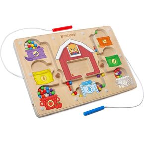 Bimi Boo Wooden Magnetic Maze Game for Toddlers - Farm Themed Color Sorting Toy - Concentration Game for Kids