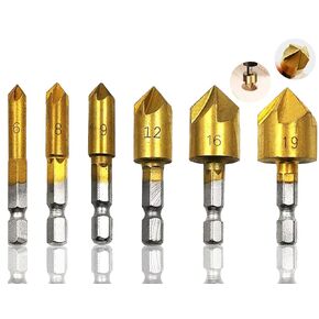 Countersink Drill Bit, Baban Countersink Drill Bit Set 6 Pcs 1/4'' Hex Shank HSS 5 Flute Countersink 90 Degree Center Punch Tool Sets for Wood Quick Change Bit 6mm-19mm