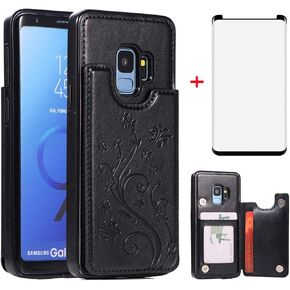Phone Case for Samsung Galaxy S9 with Tempered Glass Screen Protector Card Holder Wallet Cover Stand Flip Butterfly Embosses Leather Cell Accessories Glaxay S 9 Edge 9S GS9 Cases Women Men Black