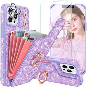 for iPhone 14 Pro Case Wallet,with [Screen Protector+Camera Lens Protector] Sparkle Bling 5 Card Holder 360°Ring Stand Card Slots Case Cute Shockproof Cover for iPhone 14 Pro Phone Case,White
