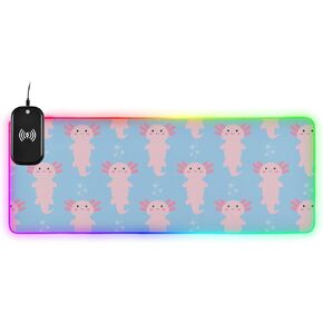 VKPSCHJ Desk Pad with Wireless Charging Cute Cartoon Axolotl Large RGB Gaming Mouse Pads 10 Light Modes Pink 15W Computer Keyboard Mat Antislip Protector Mats for Office Home Table Gaming Decor