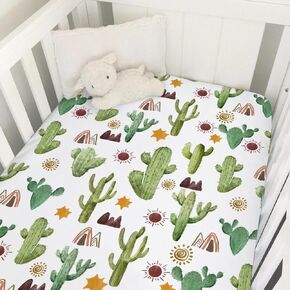 Watercolor Green Cactus Baby Crib Sheet 52''x28'' Boho Cactus Leaves Stretchy Fitted Crib Mattress Cover for Boy Girl Wild Desert Plants Soft Baby Bed Sheets for Standard Crib and Toddler Mattress