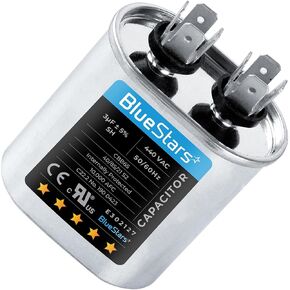 BlueStars 55+7.5 uf MFD ±5% 370 or 440 Volt AC CBB65B Dual Run Round Capacitor - Exact Fit for Condenser Straight Cool or Heat Pump Air Conditioner - Replaces C35575R, TT-CAP-55/7.5/440