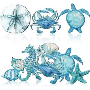 Blulu 4 Pcs Metal Beach Wall Decor Hanging Sea Life Decor Sea Shell Seahorse Conch Starfish Wall Decor Metal Fish Wall Art for Ocean Nautical Theme Living Room Bedroom Decorations