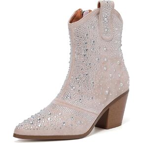 kkdom Women's Fashion Sparkly Rhinestone Boots Side Zipper Bling Diamond Chunky Heel Ankle Boots Pointy Toe Block High Heeled Combat Boots