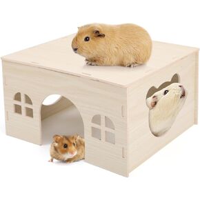 Guinea Pig Hideout Wooden Guinea Pig Bed with Hay Feeder, Hamster House with Mat, Ramp and Pee Pads, Detachable Small Animal Houses & Habitats for Eating Hiding Playing Sleeping