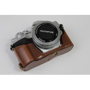 E-M10 Mark IV Case, BolinUS Handmade PU Leather Half Camera Case Bag Cover Bottom Opening Version for Olympus OM-D E-M10 Mark IV with Hand Strap (Coffee)