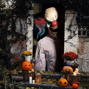 Evil Clown Ghost Door Cover Halloween Door Decorations 79 x 35 Inches Scary Clown Ghost Window Decals Creepy Photo Posters Banner Backdrop Halloween Wallpaper Sticker for Door Window (Horrible Clown)
