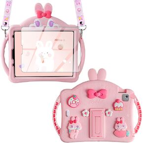 WESADN for iPad Air 5th Generation Case iPad Pro 11 Inch Case 4th/3rd/2nd/1st for Kids Girls with Screen Protector Shoulder Strap Kickstand Cute Rabbit Silicone Tablet Cover for iPad Air 4 Pink