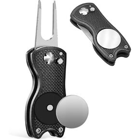 Middletown Outdoors Golf Multifunctional Divot Tool with Magnetic Ball Marker, Foldable Fork and Push Button Release. Fix Divots, Clean Clubs and Cleats, U Shape Bottom can Hold Club, Blue