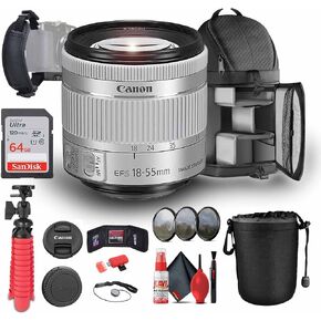Canon EF-S 18-55mm f/4-5.6 is STM Lens (Silver) (1620C002) + 64GB Memory Card + Lens Pouch + Filter Kit + Backpack + Flexible Tripod + Cap Keeper + Cleaning Kit + Memory Card Wallet + More (Renewed)