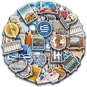 50 Pcs Greece Stickers Greece Travel Stickers Greek Civilization Waterproof Vinyl Decals for Water Bottles Laptop Luggage Cup Computer Mobile Phone Skateboard Guitar Helmet Snowboard Décor