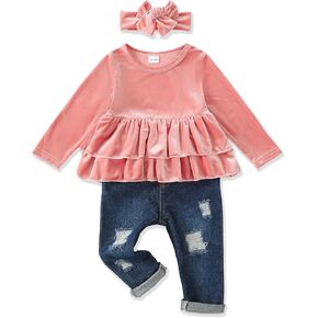 Renotemy 4T Girl Clothes Fall Winter Outfits Girl Toddler Clothes 4 5 Year Old Girl Clothes Pink Velour Cowgirl Toddler Girl Outfits 4T-5T Jeans Pants Set Size 4T-5T Girls Clothes Velvet