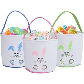 3 Pcs Easter Bunny Basket Bags for Kids - Canvas Cotton Carrying Gift and Eggs Hunt Bag, Fluffy Tails Printed Rabbit Toys Bucket Tote for Girls & Boys (Pink, Purple, Blue)