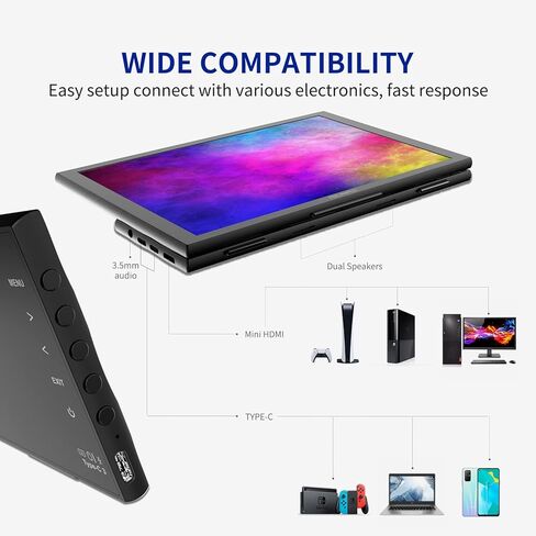 شاشة محمولة FEELWORLD DH101 مقاس 10.1 بوصة، شاشة كمبيوتر خارجية مع مكبرات صوت USB من النوع C HDMI مزدوجة لأجهزة الكمبيوتر المحمول وأجهزة الكمبيوتر المحمولة وهاتف MAC وRaspberry Pi وألعاب PS4 PS5 Xbox Switch in Kuwait