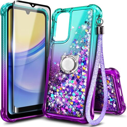 NZND Designed for Galaxy A15 Case, Samsung A15 4G/A15 5G Phone Case, Glitter Floating Liquid Waterfall Cute Case with Tempered Glass Screen Protector, Ring Holder/Wrist Strap (Aqua/Purple) in Kuwait
