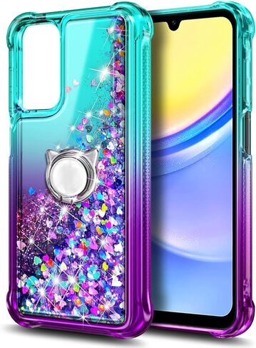 NZND Designed for Galaxy A15 Case, Samsung A15 4G/A15 5G Phone Case, Glitter Floating Liquid Waterfall Cute Case with Tempered Glass Screen Protector, Ring Holder/Wrist Strap (Aqua/Purple) in Kuwait