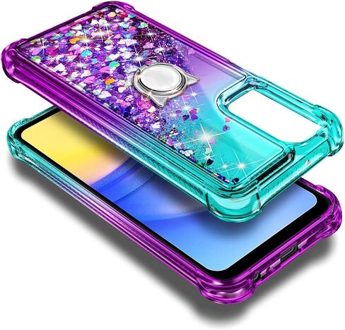 NZND Designed for Galaxy A15 Case, Samsung A15 4G/A15 5G Phone Case, Glitter Floating Liquid Waterfall Cute Case with Tempered Glass Screen Protector, Ring Holder/Wrist Strap (Aqua/Purple) in Kuwait