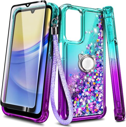 NZND Designed for Galaxy A15 Case, Samsung A15 4G/A15 5G Phone Case, Glitter Floating Liquid Waterfall Cute Case with Tempered Glass Screen Protector, Ring Holder/Wrist Strap (Aqua/Purple) in Kuwait