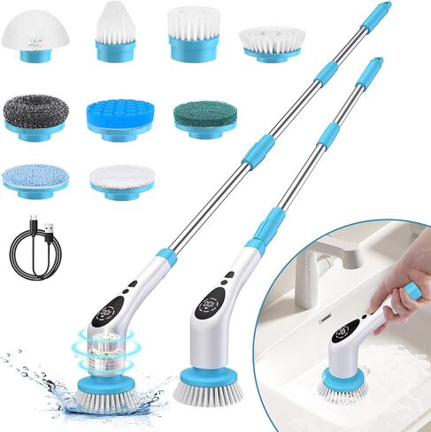 Electric Spin Scrubber, New Upgraded Voice Prompt Cordless Cleaning Brush with 9 Replaceable Brush Heads,3 Adjustable Speeds,Adjustable Extension Long Handle for Bathroom Bathtub Floor Tile in Saudi Arabia