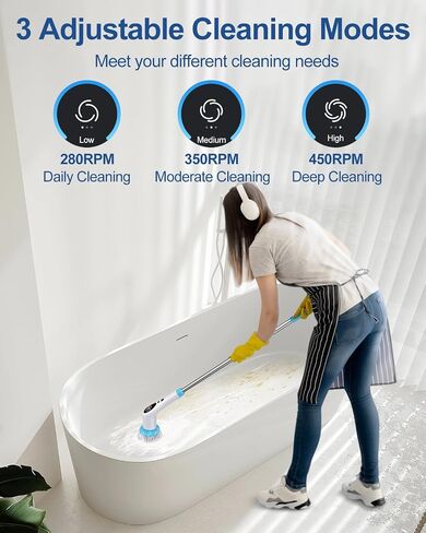 Electric Spin Scrubber, New Upgraded Voice Prompt Cordless Cleaning Brush with 9 Replaceable Brush Heads,3 Adjustable Speeds,Adjustable Extension Long Handle for Bathroom Bathtub Floor Tile in Saudi Arabia