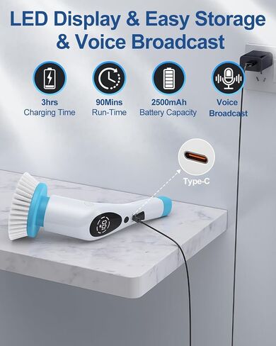 Electric Spin Scrubber, New Upgraded Voice Prompt Cordless Cleaning Brush with 9 Replaceable Brush Heads,3 Adjustable Speeds,Adjustable Extension Long Handle for Bathroom Bathtub Floor Tile in Saudi Arabia