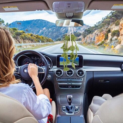 Hand Knitted Flower Car Interior Hanging Ornament Boho Hanging Basket Accessories for Car Rearview Mirrior Decor,Suitable for Car Accessories, Decoration, Party Gifts。 in Saudi Arabia