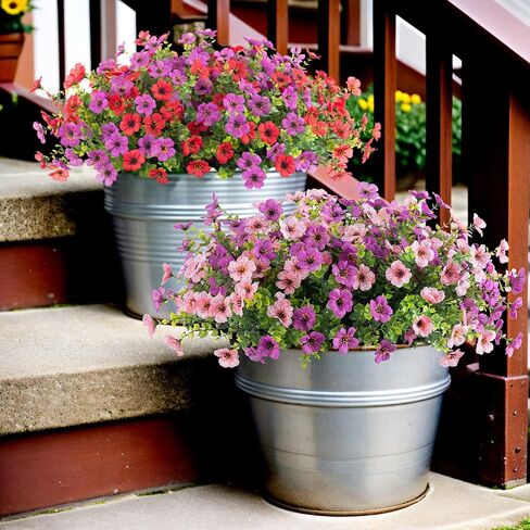 Artificial Fake Plants Flowers for Outdoor Spring Summer Decor, 12 Bundles Faux Silk Daisy for Planter Pot Colorful UV Resistant Look Real for Front Door Porch Patio Outside Yard (Red Purple Yellow) in Kuwait