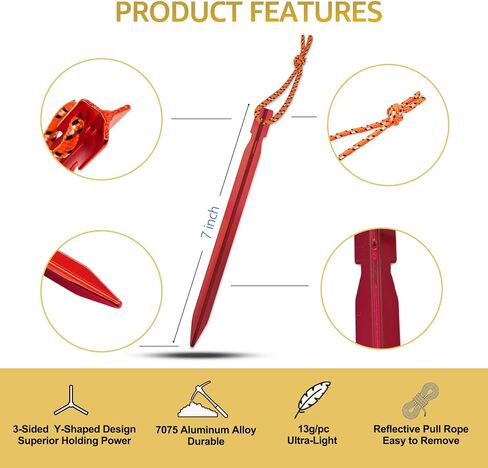 15Pack Tent Stakes, 7075 Aluminum Tent Stakes Heavy Duty, Lightweight Metal Stakes with Pull Rope, Tent Pegs for Backpacking, Durable Camping Tent Accessories, Orange in Saudi Arabia