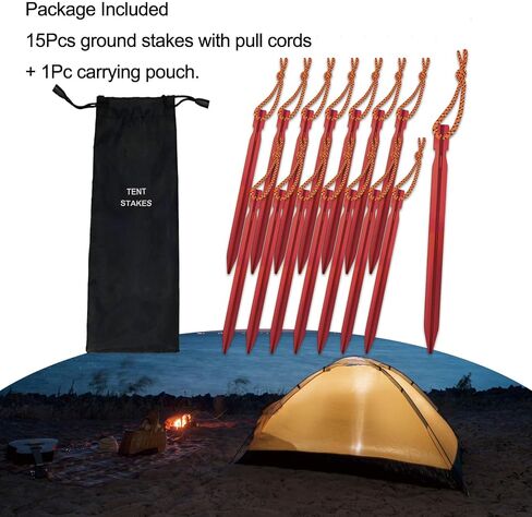 15Pack Tent Stakes, 7075 Aluminum Tent Stakes Heavy Duty, Lightweight Metal Stakes with Pull Rope, Tent Pegs for Backpacking, Durable Camping Tent Accessories, Orange in Saudi Arabia