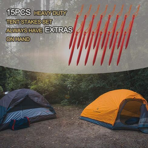 15Pack Tent Stakes, 7075 Aluminum Tent Stakes Heavy Duty, Lightweight Metal Stakes with Pull Rope, Tent Pegs for Backpacking, Durable Camping Tent Accessories, Orange in Saudi Arabia