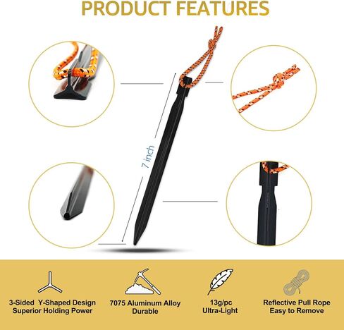 15Pack Tent Stakes, 7075 Aluminum Tent Stakes Heavy Duty, Lightweight Metal Stakes with Pull Rope, Tent Pegs for Backpacking, Durable Camping Tent Accessories, Orange in Saudi Arabia
