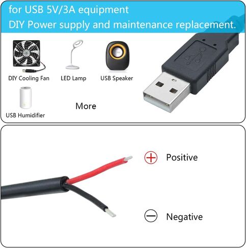 2Pcs Short USB 2.0 Male 2 Pin Bare Wire 30cm/11.8in, USB A 5V/3A Pigtail Open End Power Cable,for USB Equipment Installed or Replace Repair DIY Cable in Kuwait