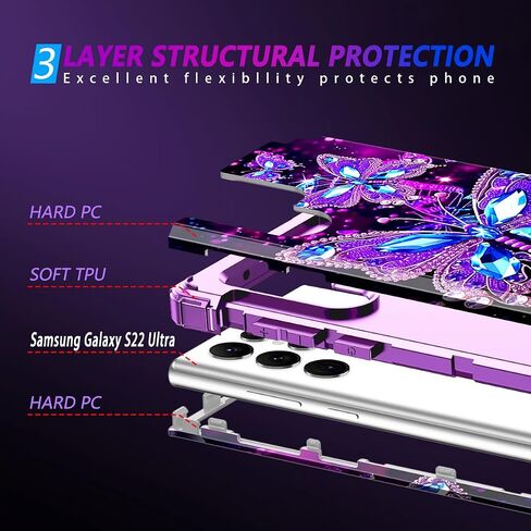 Miqala for Galaxy S22 Ultra 5G Case,Glow in The Dark Three Layer Heavy Duty Shockproof Full Body Protection Hard Plastic Bumper+Soft Silicone Case for Samsung Galaxy S22 Ultra 6.8 inch,Dark Butterfly in Kuwait