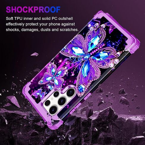 Miqala for Galaxy S22 Ultra 5G Case,Glow in The Dark Three Layer Heavy Duty Shockproof Full Body Protection Hard Plastic Bumper+Soft Silicone Case for Samsung Galaxy S22 Ultra 6.8 inch,Dark Butterfly in Kuwait