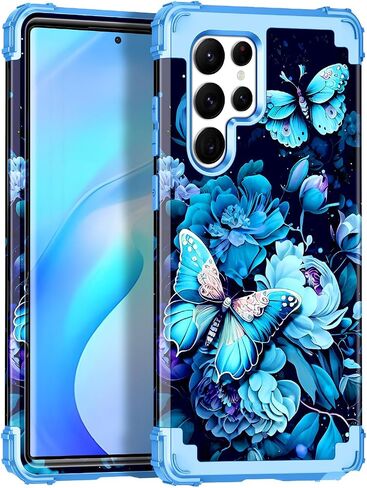 Miqala for Galaxy S22 Ultra 5G Case,Glow in The Dark Three Layer Heavy Duty Shockproof Full Body Protection Hard Plastic Bumper+Soft Silicone Case for Samsung Galaxy S22 Ultra 6.8 inch,Dark Butterfly in Kuwait
