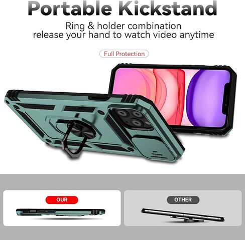 for iPhone 11 Pro Max Case with Slide Camera Cover+ HD Screen Protector,Rotated Ring Kickstand Military Grade Shockproof Protective Cover-Red in Kuwait
