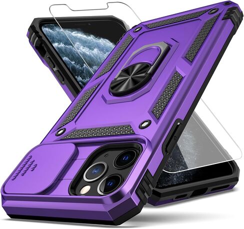 for iPhone 11 Pro Max Case with Slide Camera Cover+ HD Screen Protector,Rotated Ring Kickstand Military Grade Shockproof Protective Cover-Red in Kuwait