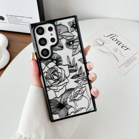 XIZYO for Samsung Galaxy S23 Ultra Case Rose Design Floral Pattern Print Slim TPU Bumper Case Shockproof Protective Case for Women Girls Cover for Galaxy S23 Ultra, Black in Saudi Arabia