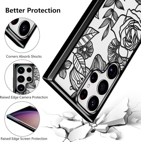 XIZYO for Samsung Galaxy S23 Ultra Case Rose Design Floral Pattern Print Slim TPU Bumper Case Shockproof Protective Case for Women Girls Cover for Galaxy S23 Ultra, Black in Saudi Arabia