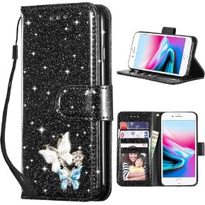 UEEBAI Wallet Case for iPhone 13, Glitter PU Leather Phone Case Card Slots Kickstand Case Magnetic Closure Bling Flip Case Shockproof Hand Strap Flip Cover - Rose Gold